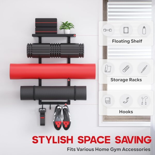 Yoga Mat Holder Wall Mount, Yoga Accessory Mat Storage Rack, Home Gym Accessories Organizer, Floating Shelf and Hooks for Hanging Foam Roller/Band/Workout Equipment at Pilates Fitness Class