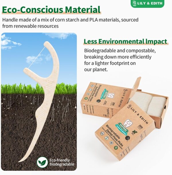 LILY & EDITH Plant Based Dental Floss Picks Adults and Kids 300 Counts, Fluoride-Free, Plant Based Straw Wheat, Earth Friend, Zero Waste Package, Shred Resistant (Unflavored)