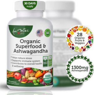 Organic Superfood Greens Fruits and Veggies Complex with Ashwagandha - 2 in 1 Supplement with 14 Greens Fruits & Vegetables with Ashwagandha Rich in Antioxidants - Non-GMO 90 Capsules