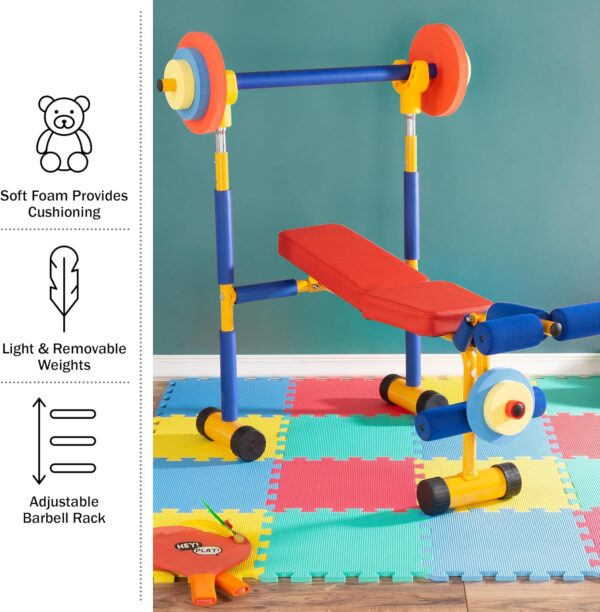 Hey! Play! Kids Weight Bench Set - Toddler Gym for Beginner Exercises and Weightlifting with Leg Press and Barbell - Toys for Ages 3 and Up Medium