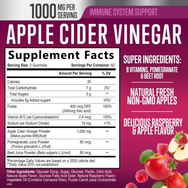 Apple Cider Vinegar Gummies 1000mg for Detox & Cleanse, ACV Gummy Vitamin B12 for Digestion Metabolism & Immune Health Support, Natural Apple Raspberry Flavor, Gluten Free & Vegan - 120 Gummies