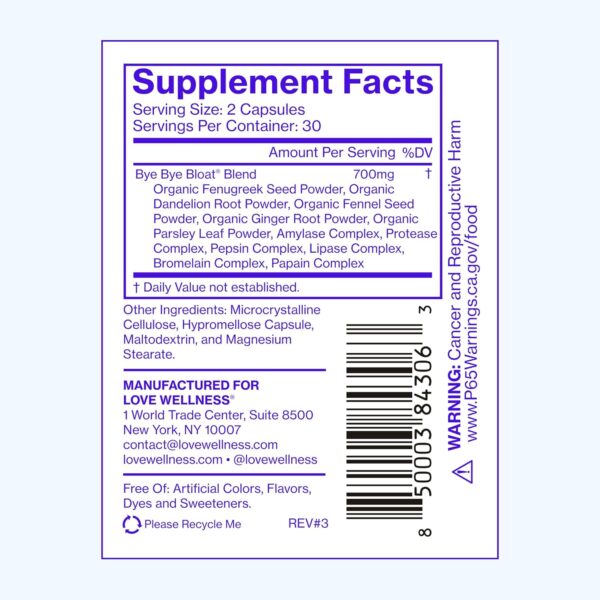 Love Wellness Bye Bye Bloat | Digestive Enzymes for Fast Acting Bloating Relief for Women | Helps Reduce Water Retention & Gas Relief | Supports Digestive Health with Fenugreek & Dandelion | 60 Count