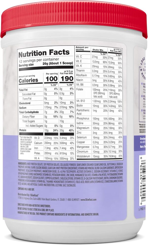 SlimFast Advanced Nutrition High Protein Meal Replacement Smoothie Mix, Vanilla Cream, Weight Loss Powder, 20g of Protein, 12 Servings (Pack of 2) (Packaging May Vary)