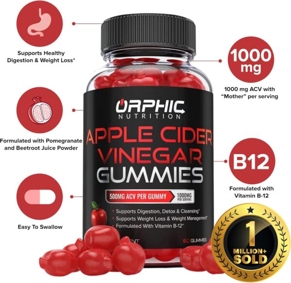 Apple Cider Vinegar Gummies - 1000mg - Formulated to Support Normal Energy Levels & Gut Health - Supports Digestion, Detox & Cleansing - ACV Gummies W/VIT B12, Beetroot (60 Gummies)