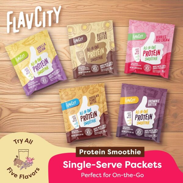 FlavCity All-in-One Protein Smoothie Powder, Variety Pack (5 Single Serve Packets) - 100% Grass-Fed Whey Protein Powder with 25g Protein & 10g Collagen - Gluten-Free Pre Workout & Post Workout Drink