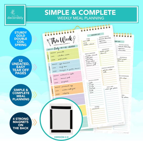 Decorably 52 Sheets Pastel Undated Weekly Meal Planner and Grocery List, 8.5x11in Spring-Bound Meal Planning Notepad, Weekly Menu Planner Pad