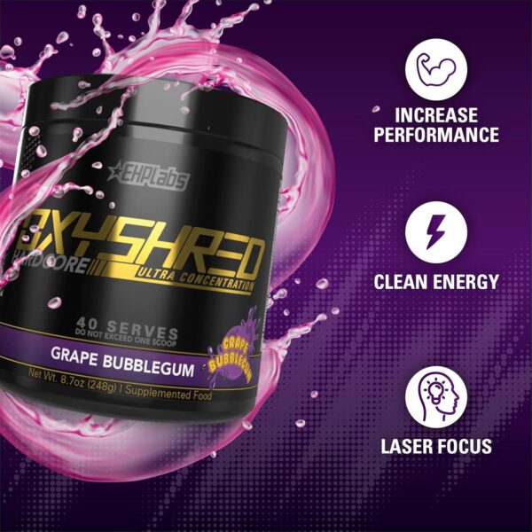 EHP Labs OxyShred Hardcore Super Dosed Pre Workout Powder - Preworkout Powder with L Glutamine & Acetyl L Carnitine, Energy Boost Drink - 275mg of Caffeine - Grape Bubblegum, 40 Servings