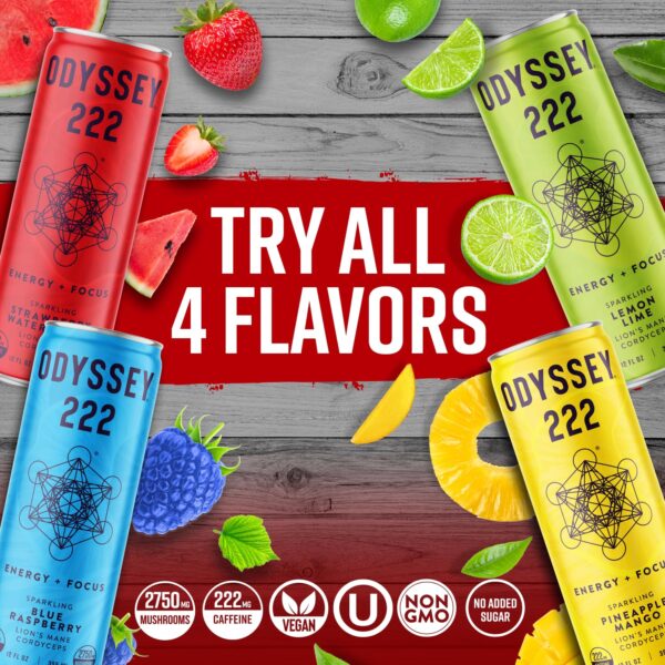Odyssey Elixir - Odyssey 222 - Sparkling Energy Drink - 222 mg of Caffeine - Lion's Mane & Cordyceps - Energy & Focus - Endurance & Stamina - Nootropic - Pre Workout - Strawberry Watermelon