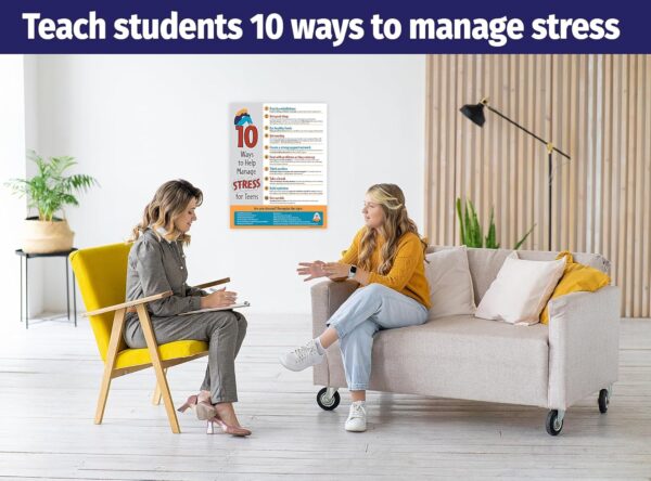 ZOCO — 10 Ways to Manage Stress for Teens Posters (20 Pack) — Mental Health Awareness Items — School Counselor Must Haves — Therapy Office Decor — Laminated, 17 x 22 inches