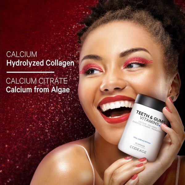Codeage Teeth & Gums Vitamins + Oral Probiotics Supplement for Mouth - Whole Food Calcium, Collagen, Potassium, Vitamin C, D3, K2, Zinc – Oral Care & Dental Multivitamin Supplements - 90 Capsules