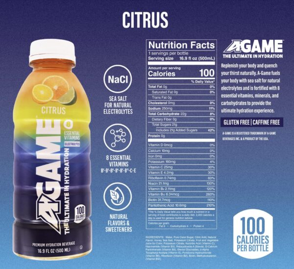 A-GAME Sports Drink, Citrus, The Ultimate Hydration Sports Beverage for Athletes, 8 Essential Vitamins including B, C, & E plus Natural Sea Salt Electrolytes, All Natural Flavors & Sweeteners, Gluten Free, 16.9 Fl Oz (Pack of 12)