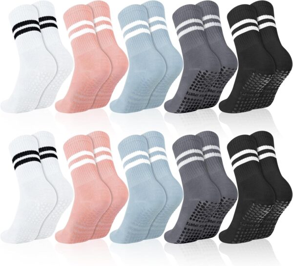 Jspupifip 10 Pairs Pilates Socks with Grips for Women, Pilates Crew Socks Bulk Non Slip Yoga Socks Home Hospital Grippy Socks for Yoga Pilates Barre Workout
