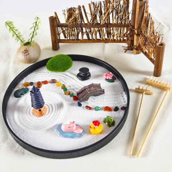 amberr Zen Garden for Desk - Premium Japanese Mini Sandbox Rock Garden Kit. Zen Sand Garden Mindfulness Gifts for Kids. Office Desk Accessories Meditation Room Decor Sand Tray Therapy Gift