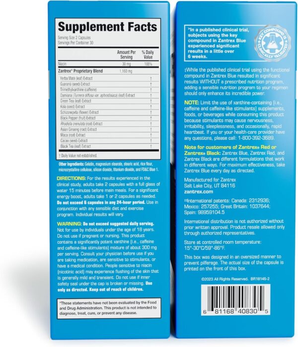 Zantrex Blue - Increase Energy, Boost Metabolism, Curb Cravings - 300MG Natural Caffeine - Yerba Mate, Damiana, and Guarana, 60 Count