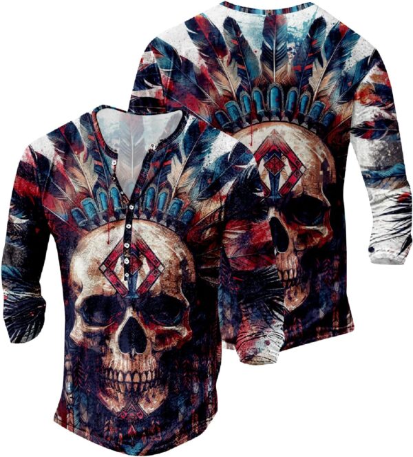 Mens Henley Shirts Graphic V Neck Long Sleeve Pullover Shirts 8Pcs Buttons Up Vintage Hippie Streetwear Tees Top