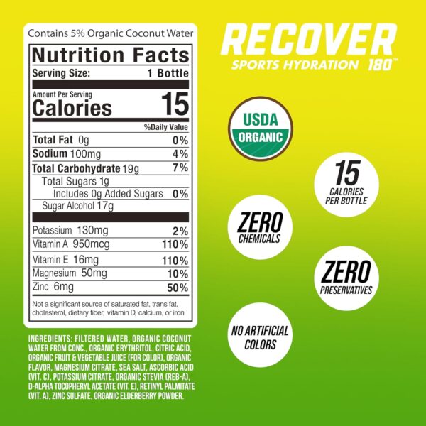 RECOVER 180 Organic Sports Hydration Drink, No Sugar Added, 15 Calorie Sports Beverage, Organic Flavors With Vitamins, Potassium-Packed Electrolytes (16.9 Fl Oz (Pack of 12), Lemon Lime)