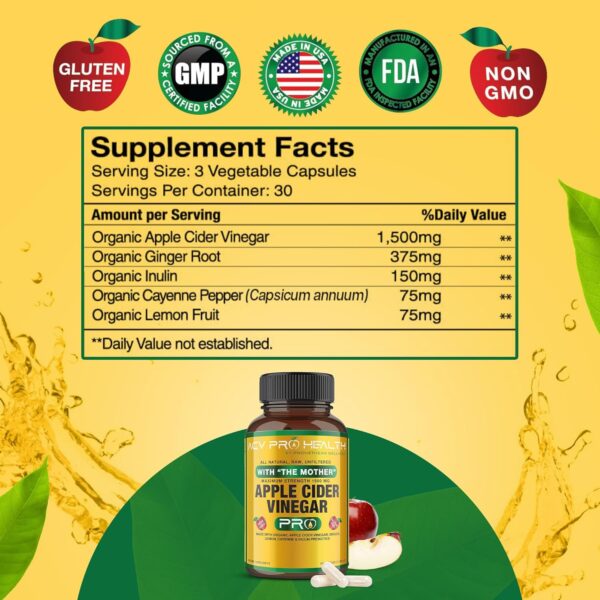 2-Pack ACV Pro Apple Cider Vinegar Capsules Certified Organic with Mother ACV Pills Detox Cleanse Acid Reflux Relief Support Supplement Ginger Root Cayenne Pepper Powder