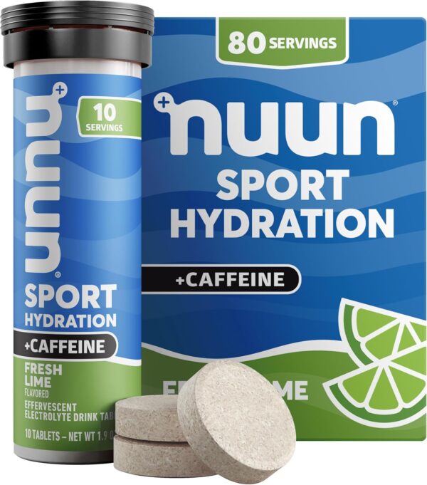 815bSj0BCFL._AC_SL1500_.jpg Nuun Sport + Caffeine Electrolyte Tablets - Dissolvable in Water, Fresh Lime Flavor, 5 Essential Electrolytes for Hydration, 1g Sugar Drink Mix, Vegan, Non-GMO, 8 Pack (80 Total Servings)