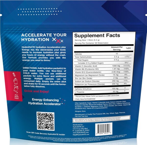 815jDhlF13L._AC_SL1500_.jpg HydroMATE Electrolytes Powder Drink Mix Packets Hydration Accelerator Low Sugar Rapid Party Relief Recovery Vitamin C Plus Caffeine Watermelon 30 Count