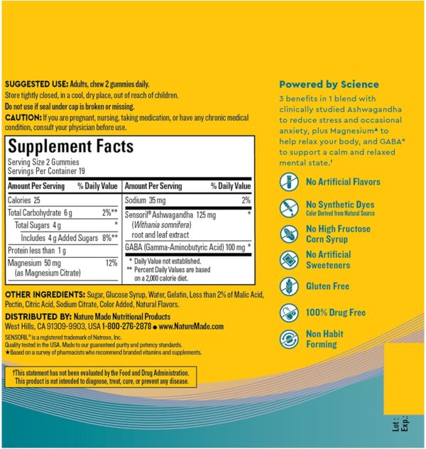 Nature Made Wellblends Calm Mind & Body, Magnesium Citrate, Ashwagandha 125mg & GABA 100mg Blend for Stress Relief, 38 Gummy Vitamins