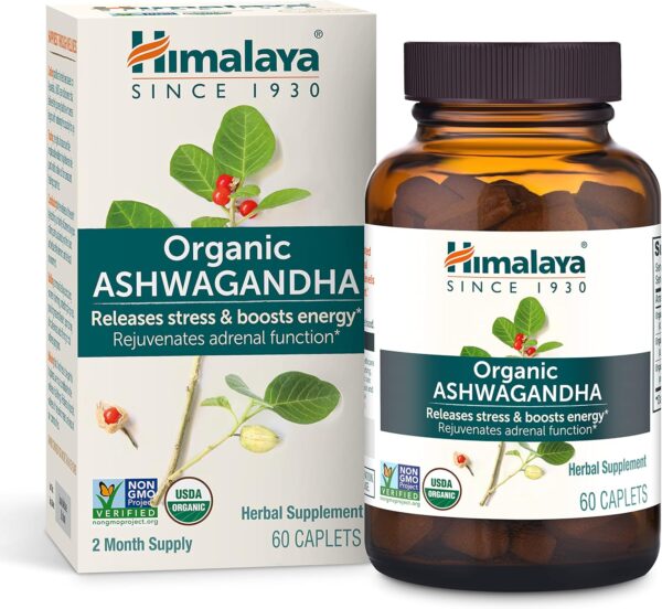 Himalaya Organic Ashwagandha, 60 Day Supply, Herbal Supplement for Stress Relief, Energy Support, Occasional Sleeplessness, Organic, Non-GMO, Vegan, Gluten Free, 670 mg, 60 Caplets