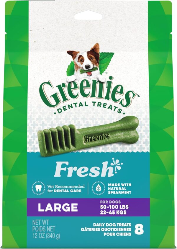815ldiHE31L._AC_SL1500_.jpg Greenies Large Natural Dental Care Dog Treats Fresh Flavor, 12 oz. Pack (8 Treats)