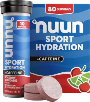 Nuun Sport + Caffeine Electrolyte Tablets - Dissolvable in Water, Cherry Limeade Flavor, 5 Essential Electrolytes for Hydration, 1g Sugar Drink Mix, Vegan, Non-GMO, 8 Pack (80 Total Servings)