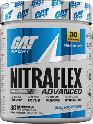 GAT SPORT Nitraflex Advanced Pre-Workout Powder, Increases Blood Flow, Boosts Strength and Energy, Improves Exercise Performance, (Blue Raspberry, 30 Servings)