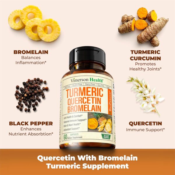 Quercetin with Bromelain Turmeric Supplement - Quercetin 500mg Capsules + Curcumin with Black Pepper - Joint Supplements for Women & Men. Bromelain Turmeric Curcumin Supplement. 60 Tumeric Capsules