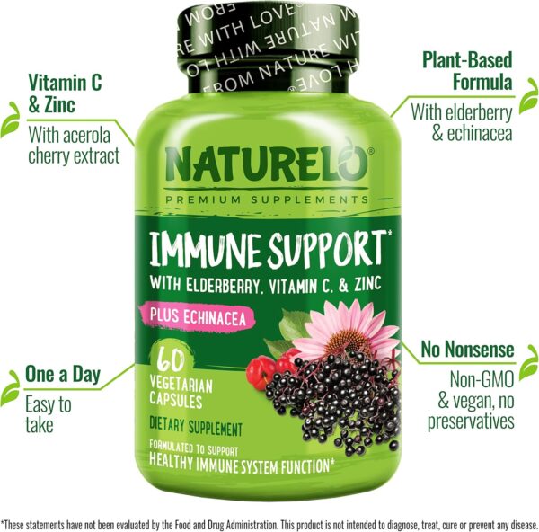 NATURELO Immune Support – Vitamin C, Elderberry, Zinc, Echinacea – Natural Immunity Boost w/Antioxidant, Herbal & Mineral Defense - 60 Vegan Capsules (Pack of 2)