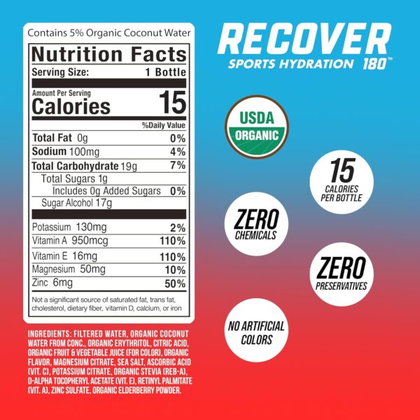RECOVER 180 Organic Sports Hydration Drink, No Sugar Added, 15 Calorie Sports Beverage, Organic Flavors With Vitamins, Potassium-Packed Electrolytes (16.9 Fl Oz (Pack of 12), Fruit Punch)