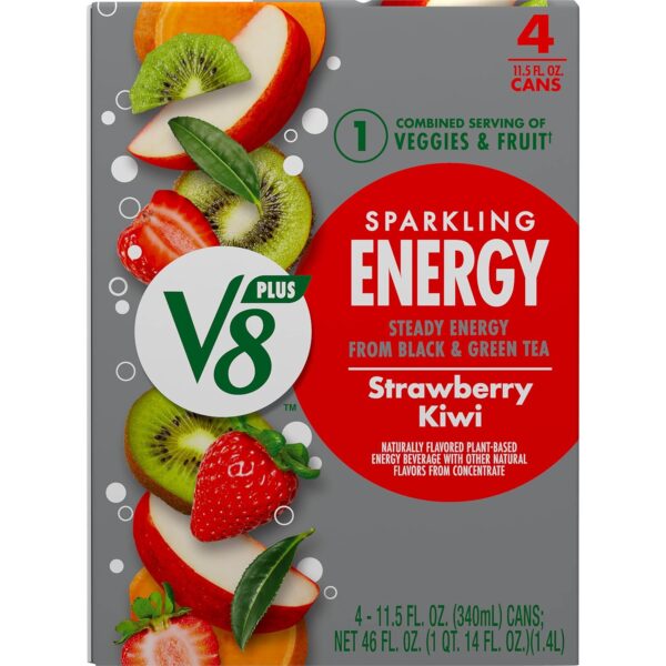 V8 +SPARKLING ENERGY Strawberry Kiwi Energy Drink, Made with Real Vegetable and Fruit Juices, 11.5 FL OZ Can (6 Packs of 4)