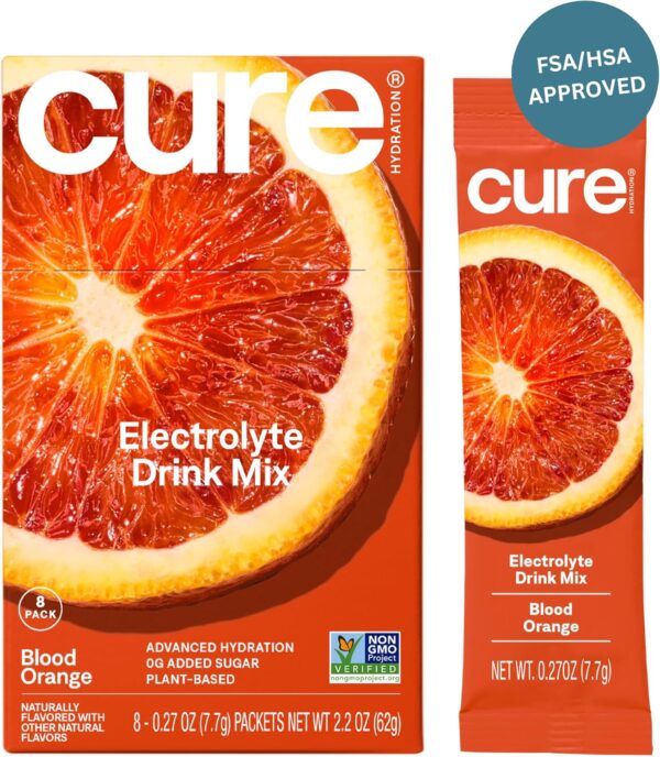 Cure Hydration | Plant-Based Electrolyte Drink Mix | No Added Sugar | FSA & HSA | Dehydration Relief Powder Made with Coconut Water | Non-GMO | Vegan | Box of 8 Packets - Blood Orange