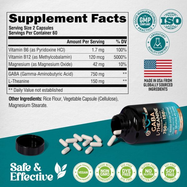 GABA L-Theanine 900 mg - Made in USA - Magnesium | Vitamin B6 - Calm, Sleep, Relaxation & Mood Support - 750 mg Gamma AminoButyric Acid, 150 mg L-Theanine - Non-Habit Forming, Vegan - 120 Capsules