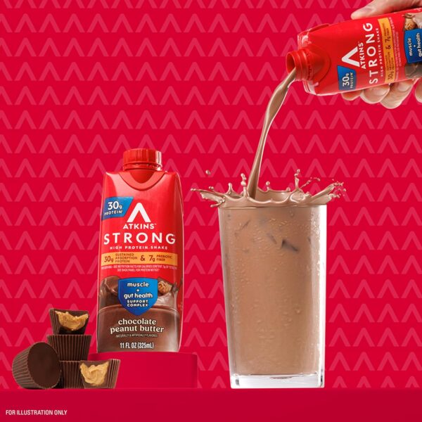 Atkins Strong High Protein Shake, Chocolate Peanut Butter, 30g Protein, 7g Prebiotic Fiber, Muscle & Gut Health Support Complex, 12 Count