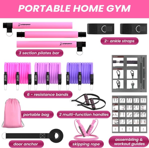 Multipurpose 3-Section Yoga Pilates Bar Set with Resistance Bands and Jump Rope | Travel-Friendly Home Gym Equipment for Men and Women of All Heights | Complete Body Fitness Workout Set