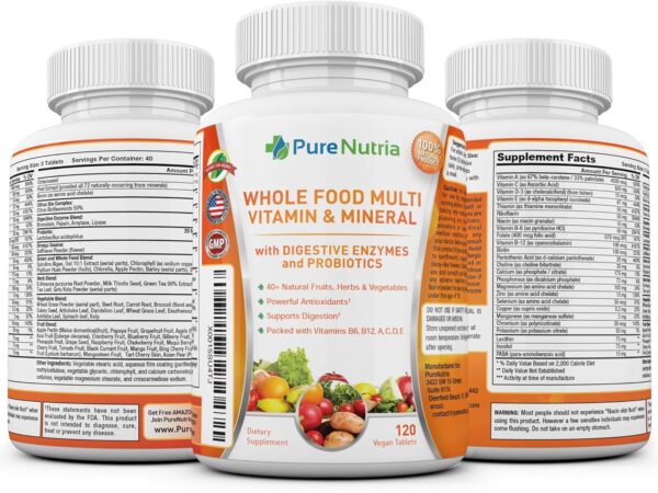 Whole Food MultiVitamin and Minerals with Probiotic Enzymes - 120 Multivitamins for Women and Men - Packed with WholeFood and Herbal Ingredients - Powerful Antioxidants for Digestive Support