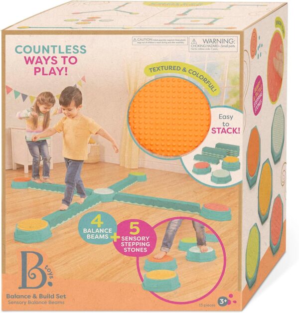 B. toys – Balance Beam for Kids – Interlocking Balancing Beams – 5 Sensory Pads & 8 Beams – Active Play for Toddlers, Kids – 3 Years + – Balance & Build Set