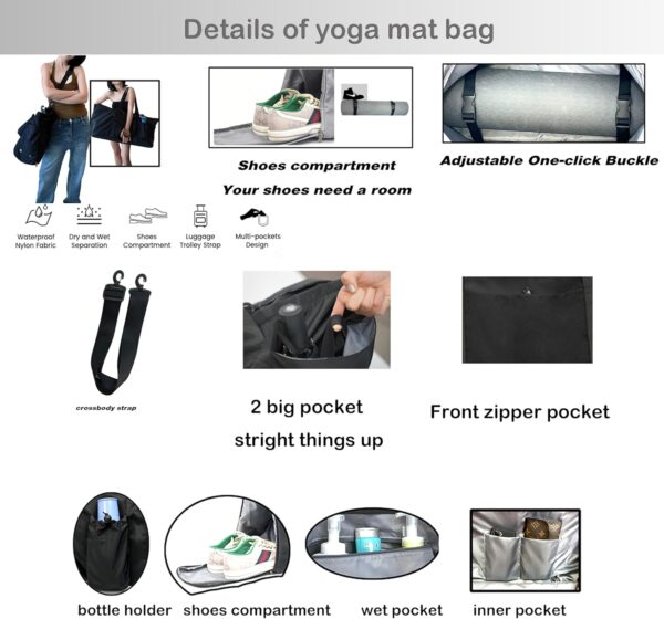 Yoga Mat Bag with Shoes compartment & Wet Compartment & shoulder bag &crossbody yoga bag large yoga bag with Yoga Mat Holder Yoga Bag with Adjustable Mat Strap for Women Men