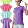 4 Pack: Youth Girls Athletic Shirts, Short Sleeve Dry Fit Apparel Tech Tshirts, Sports Activewear for Kids Teens