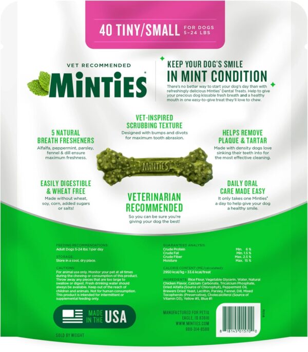 Minties Dental Chews for Dogs, 40 Count, Vet-Recommended Mint-Flavored Dental Treats for Tiny/Small Dogs 5-24 lbs, Dental Bones Clean Teeth, Fight Bad Breath, and Removes Plaque and Tartar