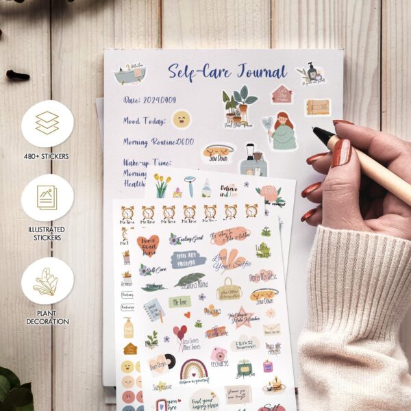 Self Care Journal for Women & 484 Self Care Stickers, 90-Day 5 Minute Mental Health Journal A5, Gratitude Journal for Self Help - Personal Development Planner, Mediation & Mood Tracker