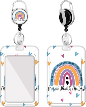 Plifal Badge Holder with Retractable Reel, Boho Rainbow Mental Health Matters ID Name Tag Work Badge Clip Heavy Duty Vertical Card Protector Cover Case for Work Office Nurse Medical Women