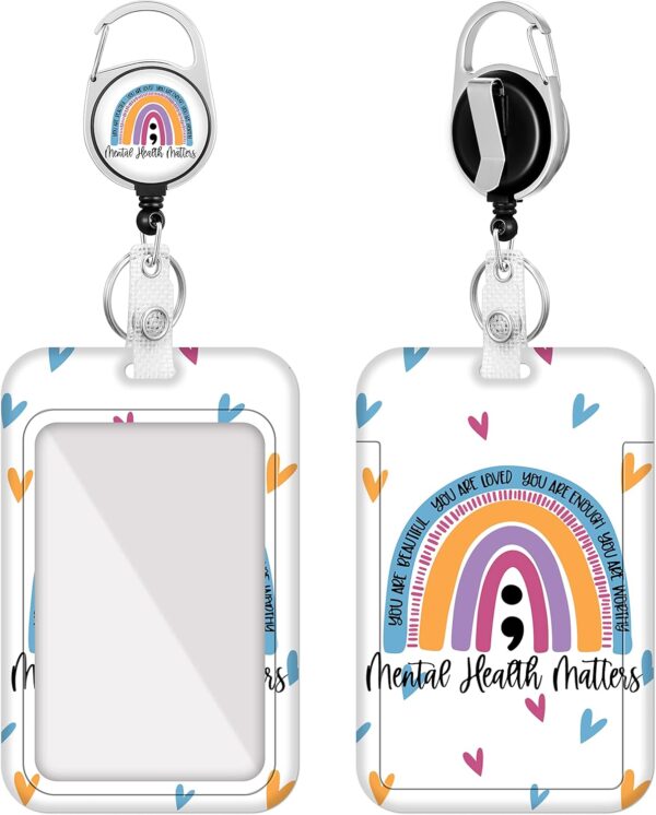 Plifal Badge Holder with Retractable Reel, Boho Rainbow Mental Health Matters ID Name Tag Work Badge Clip Heavy Duty Vertical Card Protector Cover Case for Work Office Nurse Medical Women