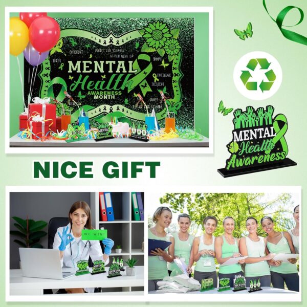 Amyhill 6 Pcs Mental Health Awareness Month Green Standing Block Sign Wooden Standing Table Centerpieces Motivational Green Ribbon Table Signs Decorations for Office Charity Party Supplies