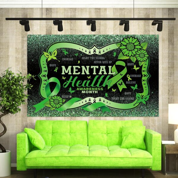 Mental Health Awareness Month Backdrop Green Ribbon Awareness Photo Backdrop for Mental Health Month Party Supplies Outdoor Indoor Wall Decorations 71x47 inch