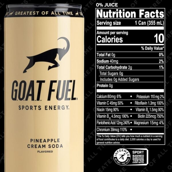 817YboQnxQL._SL1500_.jpg G.O.A.T. Fuel Energy Drink, Natural Caffeine, Electrolytes, BCAAs, Cordyceps Mushrooms & Antioxidants, Lightly Carbonated Pre Workout & Sports Energy Drink, 12-Pack, 12 fl oz, Pineapple Cream Soda