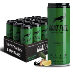G.O.A.T. Fuel Energy Drink, Natural Caffeine, Electrolytes, BCAAs, Cordyceps Mushrooms & Antioxidants, Lightly Carbonated Pre Workout & Sports Energy Drink, 12-Pack, 12 fl oz, Black Cherry Ginger Ale