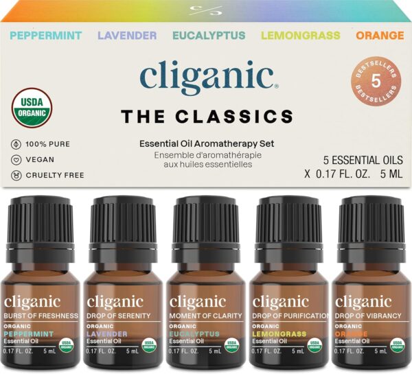 Cliganic Organic Essential Oils Set (Top 5) - 100% Pure Natural - Aromatherapy, Candle Making - Peppermint, Lavender, Eucalyptus, Lemongrass & Orange (Packaging May Vary)