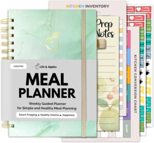 Life & Apples Meal Planner with Grocery List - Weekly Menu Plan and Prep, Healthy Diet and Weight Loss Tracking, 1 Year Undated Meal Planning Notebook, 5 X 8 Inch Spiral Notebook, Mint Green